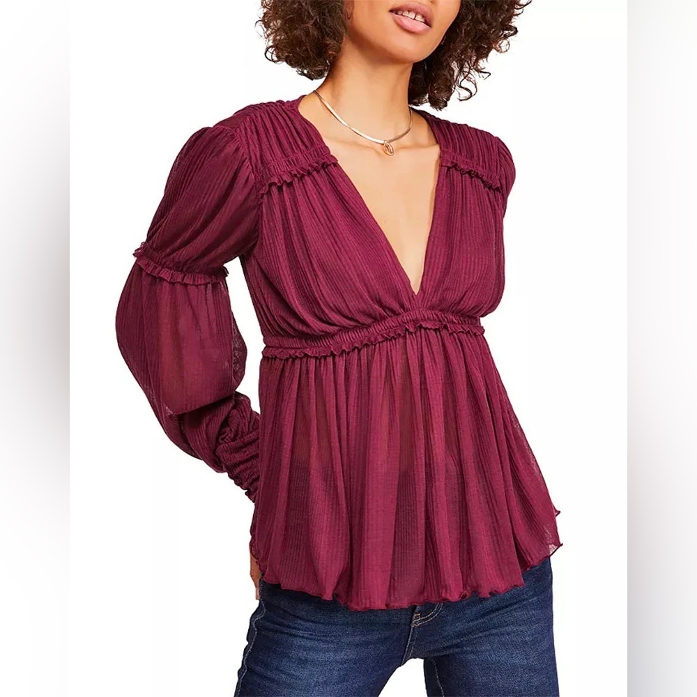 Revolve Free People Day Dreaming Ruffled Balloon Sleeve Top small burgundy